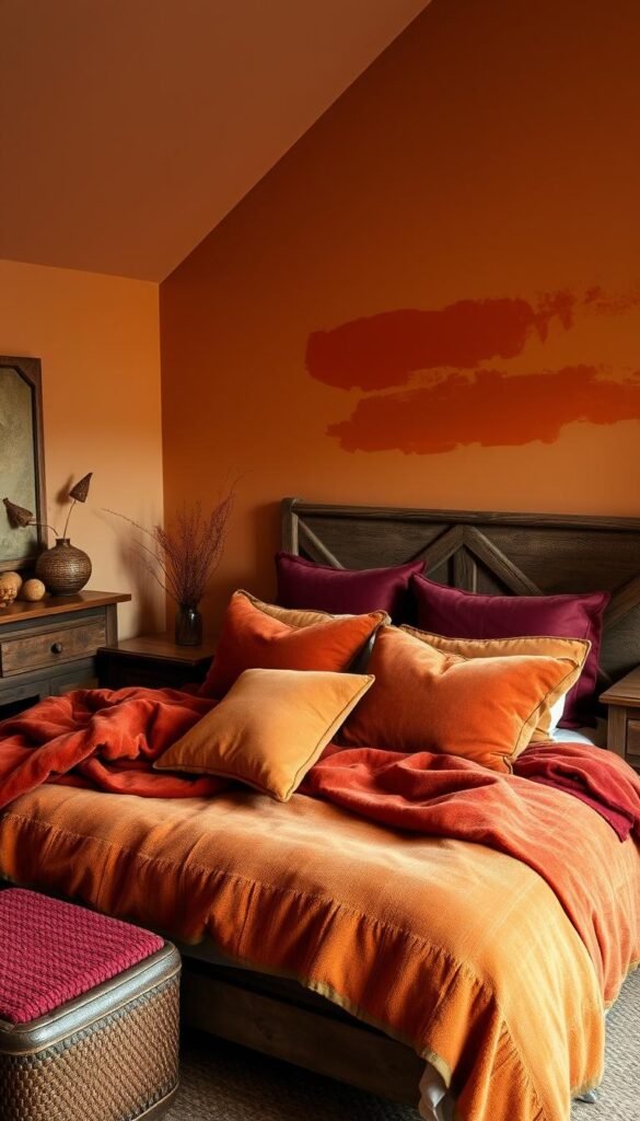 A cozy, inviting bedroom featuring a warm color palette of rich umber, burnished gold, and deep crimson. Soft, ambient lighting bathes the space, creating a tranquil, cocoon-like atmosphere. Plush textiles in velvety textures and earthy tones adorn the bed, complemented by wooden furniture pieces with a hint of weathered charm. Gentle brush strokes of color dance across the walls, suggesting a soothing, nature-inspired aesthetic. The overall impression is one of comfort, coziness, and a sense of retreat from the outside world.