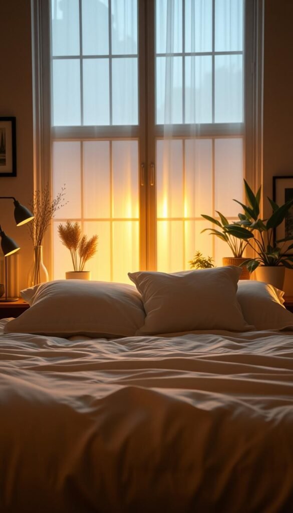 A cozy, inviting bedroom scene with a plush, pillow-topped mattress dressed in soft, high-quality linens. The bed is the focal point, positioned in the middle ground with a warm, inviting glow emanating from a large window behind it. Ambient lighting casts a gentle, tranquil atmosphere, accentuating the luxurious textures of the bedding. Tasteful decor elements, such as potted plants and framed artwork, create a harmonious, personalized ambiance. The composition is balanced, with attention to depth and perspective, showcasing the perfect blend of style and comfort.