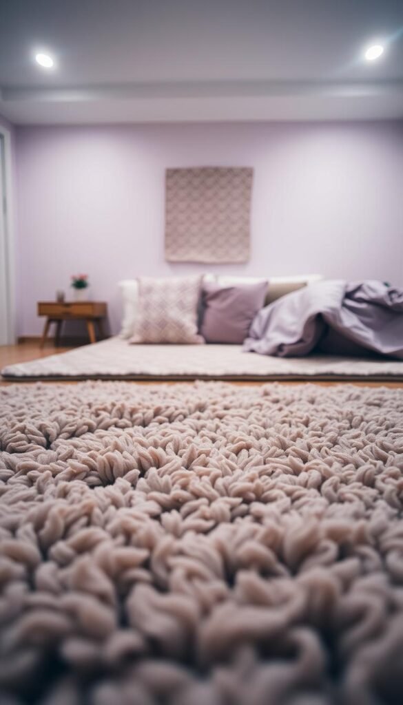 A cozy, inviting bedroom with a plush, textured rug in the foreground, its soft pile and intricate patterns creating a sense of warmth and comfort. The rug is positioned prominently, drawing the eye and setting the tone for the room. In the middle ground, a pair of complementary, patterned accent rugs add depth and visual interest, their textures and hues harmonizing with the main rug. The background features a neutral, calming wall color, allowing the rugs to take center stage and exude a sense of serenity. Soft, diffused lighting from overhead sources casts a gentle, enveloping glow, enhancing the tactile quality of the textured fabrics. The overall scene conveys a soothing, lilac-tinted atmosphere, inviting the viewer to sink in and experience the warmth and comfort of the space. A cozy, inviting bedroom with a plush, textured rug in the foreground, its soft pile and intricate patterns creating a sense of warmth and comfort. The rug is positioned prominently, drawing the eye and setting the tone for the room. In the middle ground, a pair of complementary, patterned accent rugs add depth and visual interest, their textures and hues harmonizing with the main rug. The background features a neutral, calming wall color, allowing the rugs to take center stage and exude a sense of serenity. Soft, diffused lighting from overhead sources casts a gentle, enveloping glow, enhancing the tactile quality of the textured fabrics. The overall scene conveys a soothing, lilac-tinted atmosphere, inviting the viewer to sink in and experience the warmth and comfort of the space.
