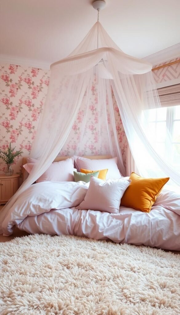 A cozy, inviting bedroom with a soft, pastel color palette. Delicate floral wallpaper adorns the walls, casting a warm, romantic glow. In the foreground, a plush rug in a complementary accent hue grounds the space. Bedding in shades of blush and lavender creates a serene, relaxing ambiance. Accent pillows in mustard yellow and sage green add pops of contrasting color, while a sheer, gauzy canopy billows overhead. Diffused, natural lighting filters through the windows, casting a gentle, ethereal light across the scene. The overall mood is tranquil, feminine, and effortlessly stylish.