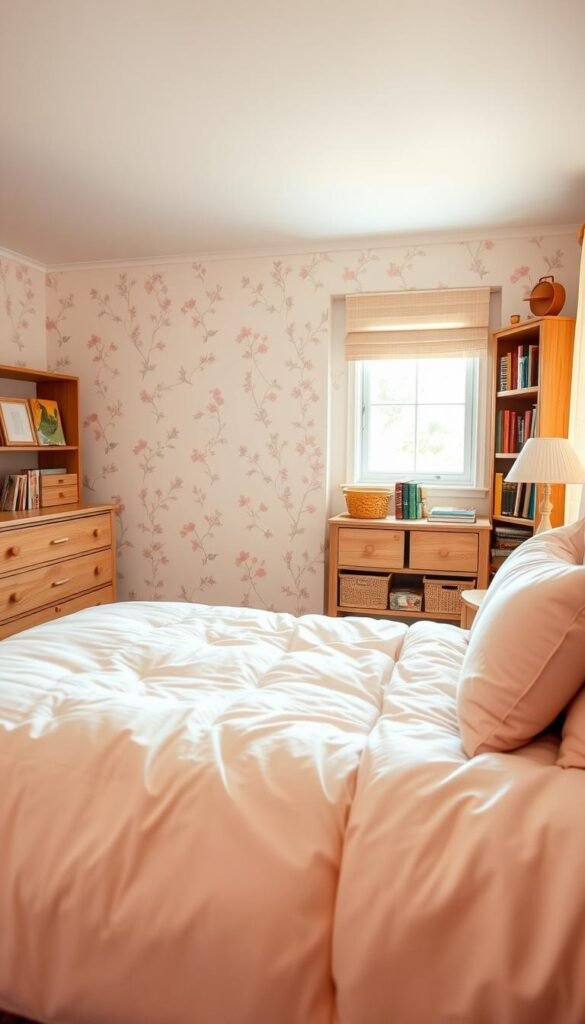 A cozy, inviting girls' bedroom with soft, age-appropriate colors. In the foreground, a twin-sized bed with a plush comforter in a pastel hue, complemented by matching throw pillows. In the middle ground, a delicate floral wallpaper or mural in soothing tones, creating a serene ambiance. The background features a wooden dresser, a bookshelf filled with age-appropriate literature, and a window that allows natural light to filter in, lending a warm and calming atmosphere. The lighting is soft and diffused, creating a serene, dreamy mood. The overall composition emphasizes the importance of creating a comfortable, nurturing space tailored to the specific needs and interests of a growing girl.