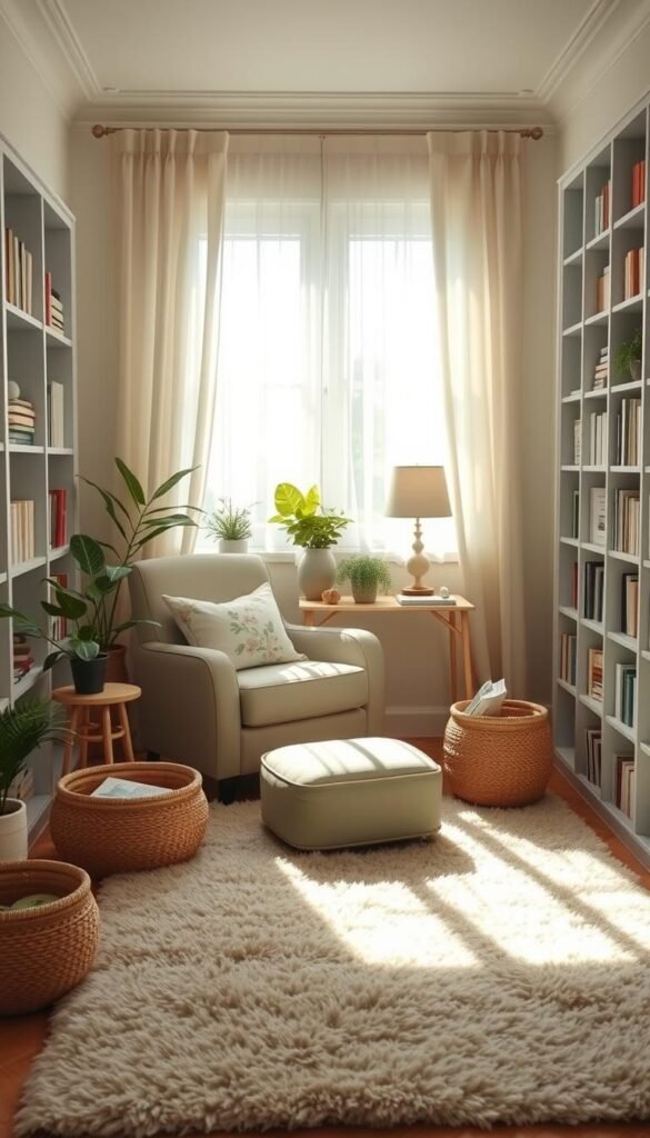 A cozy, inviting reading nook in soft pastel hues, bathed in warm, natural light filtering through sheer curtains. Plush armchair and footstool in a muted sage green, paired with a fluffy rug in a harmonious color palette. Delicate floral throw pillows and a woven basket for books add textural interest. Bookshelves in a complementary shade of pale blue line the walls, creating a sense of depth. Potted plants and a small table lamp with a cream-colored shade complete the serene, calming atmosphere, fostering a mindful, relaxing reading experience.