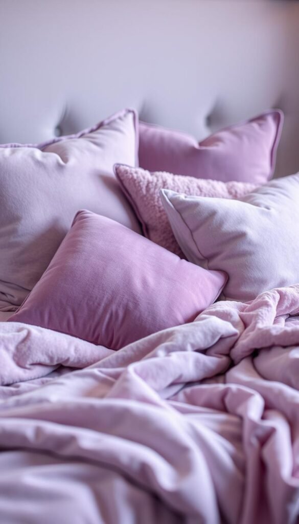 A cozy, inviting scene of throw pillows and soft, plush blankets arranged on a lavish lilac-hued bed. The pillows are in varying shades of lavender, with lush textures like velvet and chenille. Artfully draped blankets in complementary lilac tones add an extra layer of warmth and softness. Soft, diffused lighting creates a serene, calming atmosphere, while a shallow depth of field gently blurs the background, keeping the focus on the sumptuous bedding. The arrangement has an effortless, yet sophisticated feel, inviting the viewer to sink in and experience the comforting softness. A cozy, inviting scene of throw pillows and soft, plush blankets arranged on a lavish lilac-hued bed. The pillows are in varying shades of lavender, with lush textures like velvet and chenille. Artfully draped blankets in complementary lilac tones add an extra layer of warmth and softness. Soft, diffused lighting creates a serene, calming atmosphere, while a shallow depth of field gently blurs the background, keeping the focus on the sumptuous bedding. The arrangement has an effortless, yet sophisticated feel, inviting the viewer to sink in and experience the comforting softness.