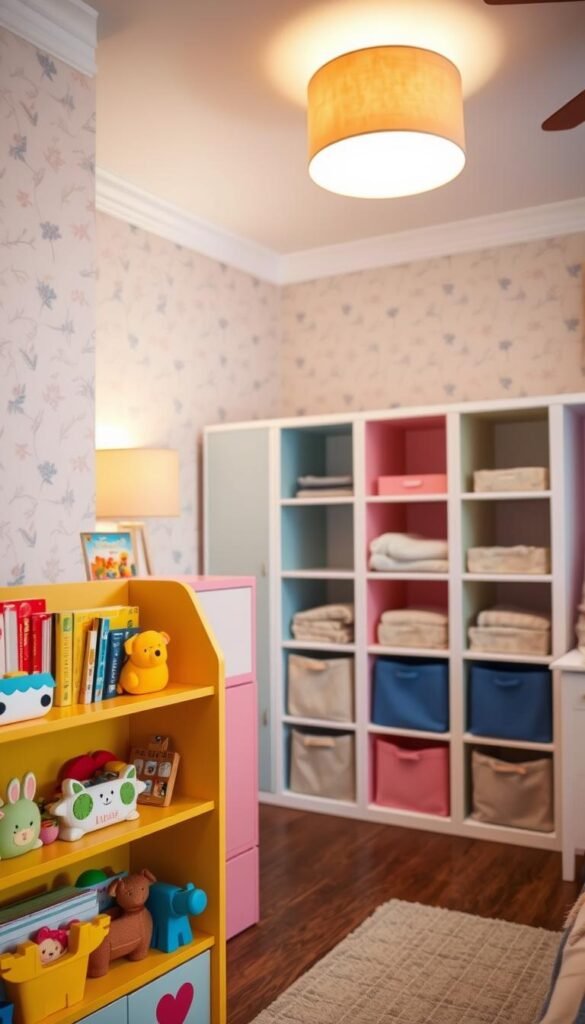 A cozy kids' bedroom with playful, functional storage solutions. In the foreground, a colorful bookshelf with whimsical animal-shaped shelves holds books, toys, and trinkets. In the middle ground, a set of pastel-colored cubbies with fabric bins provide ample storage for clothes, linens, and treasures. The background features a warm, well-lit space with subtle wallpaper in a calming floral or geometric pattern. Soft, diffused lighting from a ceiling-mounted fixture creates a welcoming atmosphere. The overall scene strikes a balance between aesthetic appeal and practical organization, reflecting the "smart and cute" theme. A cozy kids' bedroom with playful, functional storage solutions. In the foreground, a colorful bookshelf with whimsical animal-shaped shelves holds books, toys, and trinkets. In the middle ground, a set of pastel-colored cubbies with fabric bins provide ample storage for clothes, linens, and treasures. The background features a warm, well-lit space with subtle wallpaper in a calming floral or geometric pattern. Soft, diffused lighting from a ceiling-mounted fixture creates a welcoming atmosphere. The overall scene strikes a balance between aesthetic appeal and practical organization, reflecting the "smart and cute" theme.