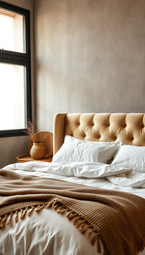 A cozy, layered bedroom scene with warm, neutral tones. A plush, tufted headboard in beige velvet dominates the foreground, its soft texture contrasting with the matte linen duvet cover and crisp, white cotton sheets. In the middle ground, a textured woven blanket in earthy tones drapes over the foot of the bed, adding depth and visual interest. The background features a mottled, plaster-like wall in a soothing gray, its irregular surface catching the gentle, diffused light from a large window. Subtle accents, like a handwoven basket and a burnished metal lamp, complete the serene, calming atmosphere.