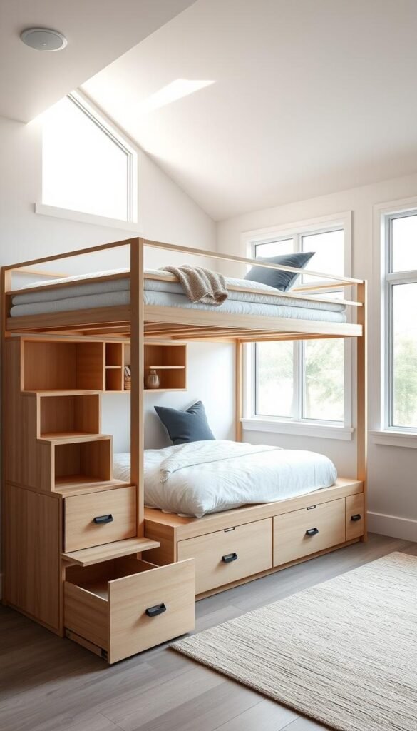 A cozy loft bed with ample built-in storage space, ideal for maximizing a small teen bedroom. The bed frame features a sleek, modern design with clean lines, floating above a set of spacious drawers and shelves. Soft, natural lighting filters in through large windows, casting a warm, inviting glow. The overall aesthetic is minimalist yet functional, blending seamless storage solutions with a refined, youthful style perfect for a personalized teen space.