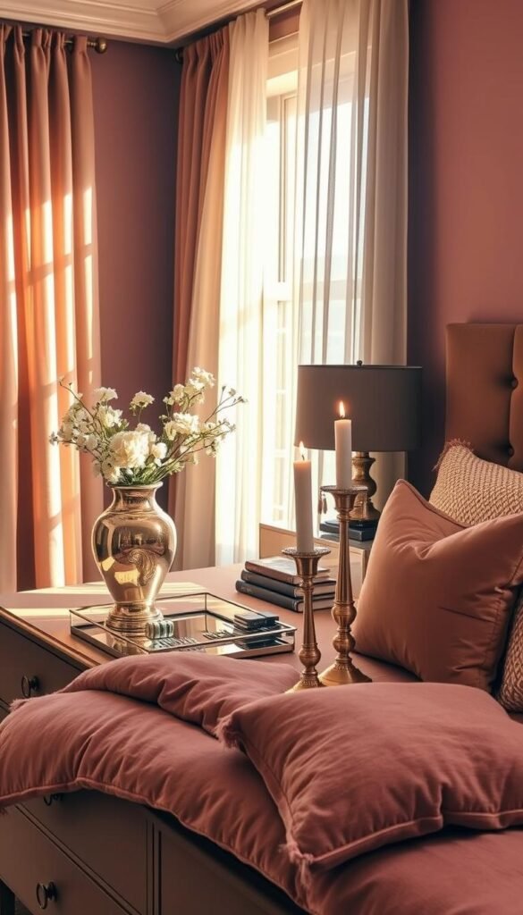 A cozy mauve bedroom, bathed in warm, golden light filtering through gauzy curtains. On the dresser, a luxurious arrangement of metallic accents - a gleaming silver vase holds delicate flowers, a mirrored jewelry tray reflects the glow, and a trio of brass candlesticks cast a soft, flickering radiance. Plush textiles in complementary tones of mauve and taupe add depth, while strategically placed metallic decor elements, such as a shimmering throw pillow and a modern, metallic-framed mirror, elevate the space with a glamorous, high-end aesthetic. The overall mood is one of refined elegance and sophisticated style.