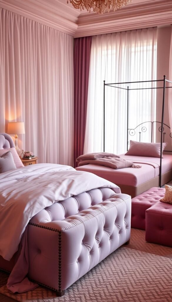 A cozy mauve bedroom with a selection of inviting beds. In the foreground, a plush, tufted bed frame in a soft lavender hue takes center stage, its luxurious bedding cascading over the sides. Beside it, a sleek, minimalist platform bed in a deeper shade of purple commands attention. In the background, a wrought-iron canopy bed in a muted mauve tone adds an elegant, romantic touch. Warm, indirect lighting filters through sheer curtains, creating a serene and relaxing atmosphere. The composition emphasizes the variety of bed options, each with its own unique charm, to inspire the perfect choice for a mauve-themed girls' bedroom.