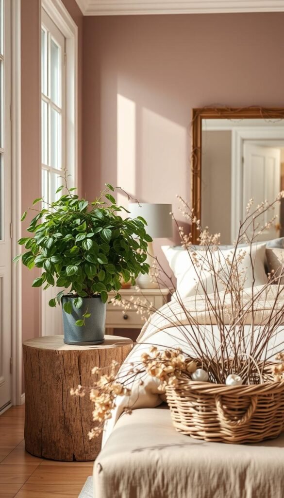 A cozy mauve-toned bedroom, bathed in soft, natural light filtering through large windows. In the foreground, a rustic wooden side table holds a lush potted plant, its verdant leaves cascading gently. On the middle ground, a woven basket overflows with dried flowers and twigs, their earthy tones complementing the muted palette. In the background, a large mirror reflects the serene scene, its frame adorned with delicate trailing vines. The overall atmosphere is one of sophisticated, nature-inspired elegance, creating a tranquil and inviting space.