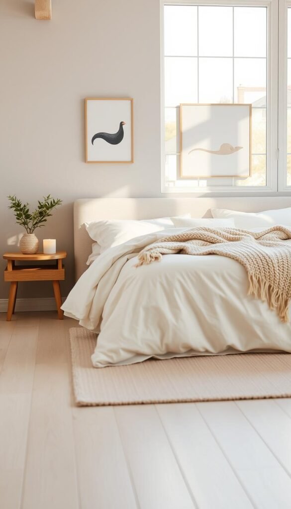 A cozy, minimalist Scandinavian-inspired bedroom design. A large, plush cream-colored bed with crisp white linens and a lush knit throw. A wooden nightstand with a simple table lamp and a small potted plant. Pale wooden floors, accented by a soft, neutral-toned area rug. Walls in a calming shade of light gray with a single, simple piece of abstract art. The space is filled with warm, gentle lighting from a large window, casting a soft, natural glow across the serene scene. The overall atmosphere is one of comfort, tranquility, and effortless sophistication.