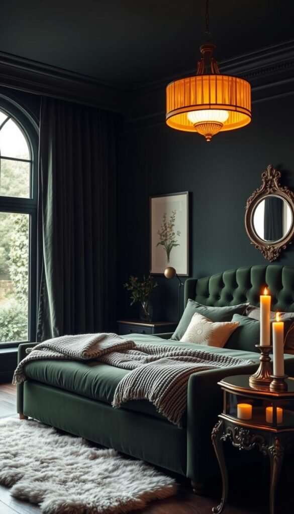A cozy, moody dark green bedroom with lush velvet curtains, a plush upholstered bed frame, and a statement lighting fixture casting a warm glow. The walls are adorned with botanical wall art, and a large window overlooks a tranquil garden view. Soft textures, like a chunky knit throw and sheepskin rug, create a luxurious yet inviting ambiance. The room is illuminated by a mix of task lighting and atmospheric candlelight, evoking a serene, spa-like atmosphere. Ornate decor elements, such as a gilded mirror and antique side table, add a touch of elegance to the moody, cocoon-like space.