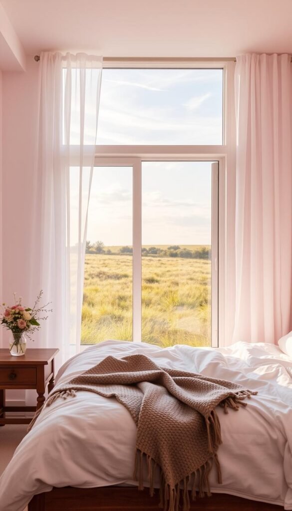 A cozy pastel bedroom with soft, hazy lighting filtering through sheer curtains. Pale pink walls and plush white bedding create a calming, serene atmosphere. In the foreground, a delicate floral arrangement rests on a wooden nightstand, while a woven throw blanket drapes over the foot of the bed. In the middle ground, a large window offers a peaceful view of a lush, grassy meadow bathed in golden afternoon sunlight. The background features wispy clouds drifting across a pale blue sky, hinting at the tranquility that awaits within this private, dreamy sanctuary.
