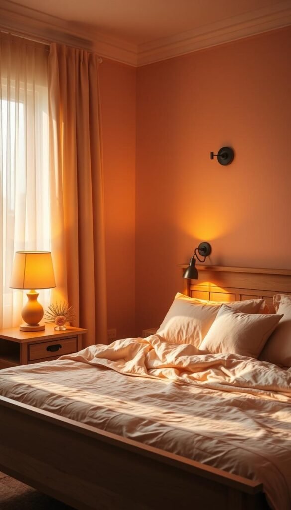 A cozy peach-toned bedroom bathed in warm, ambient lighting. Soft, diffused illumination filters through sheer curtains, casting a golden glow across the plush bedding and natural wood furniture. Strategically placed table lamps and wall sconces create pools of light, adding depth and texture to the space. A mix of direct and indirect lighting flatters the rich, peachy hues of the walls and accents, fostering a serene, relaxing atmosphere. Highlighted by a subtle vignette effect, the image conveys a sense of tranquility and comfort, perfect for cultivating a soothing, peach-inspired ambiance.