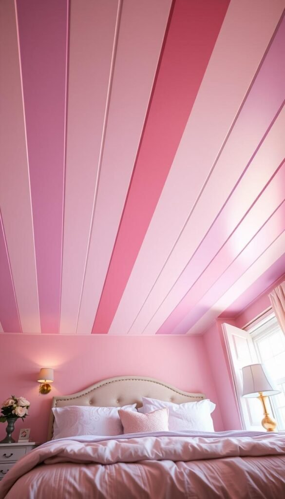A cozy preteen girl's bedroom with a striking ceiling design. The room is bathed in warm, soft lighting, creating a serene and inviting atmosphere. The ceiling features bold, parallel stripes in shades of pink and lavender, adding visual interest and a sense of whimsy. The stripes are precisely painted, creating a polished, intentional look. The angled perspective captures the ceiling's dramatic impact, drawing the eye upward and creating the illusion of height and depth. Plush bedding, delicate floral accents, and touches of gold elevate the space, making it feel both youthful and sophisticated.