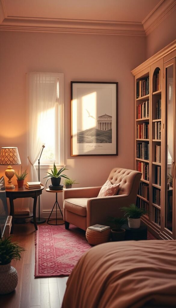 A cozy reading nook in a girls bedroom, bathed in warm, soft lighting. A plush, velvet armchair sits in the foreground, inviting you to sink in and get lost in a book. Flanking the chair are a side table with a decorative table lamp and a tall, elegant bookshelf filled with colorful spines. In the middle ground, a patterned area rug and potted plants create a sense of coziness. Large, framed artwork hangs on the wall, complementing the serene, intimate atmosphere. Soft, filtered light streams in through a window, casting a golden glow over the entire scene. This dreamy, relaxing space is the perfect spot for a girl to curl up and enjoy her favorite stories.