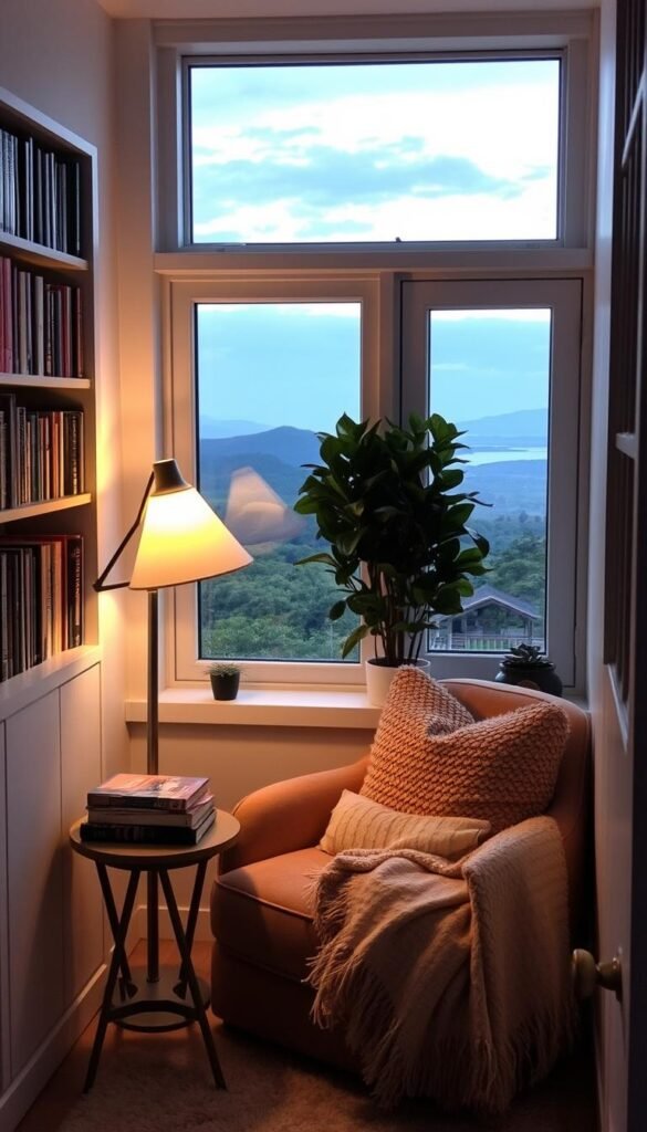 A cozy reading nook nestled in a girl's bedroom, with a plush armchair and a small side table displaying a stack of books. Soft, warm lighting from a floor lamp casts a gentle glow, creating an inviting and tranquil atmosphere. Shelves lining the walls are filled with colorful book spines, while a lush potted plant adds a touch of nature. The window overlooking a scenic landscape provides natural light and a peaceful view, perfect for curling up with a good book. Plush, textured pillows and a soft throw blanket add comfort and coziness to the space.