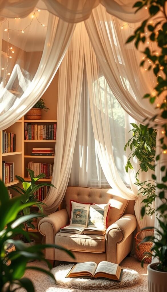 A cozy reading nook with a delicate canopy, bathed in soft, warm lighting. In the foreground, a plush armchair invites one to curl up with a beloved book. Shelves line the walls, filled with a curated collection of literature. Strings of twinkling fairy lights create a whimsical, enchanting atmosphere. Lush, verdant plants add pops of life, framing the scene. The canopy overhead, draped in sheer, flowing fabric, creates a sense of privacy and intimacy. Sunlight filters through the sheer panels, casting a dreamy, golden glow. This is a serene, inviting space where the imagination can soar, perfect for a young girl's reading haven.