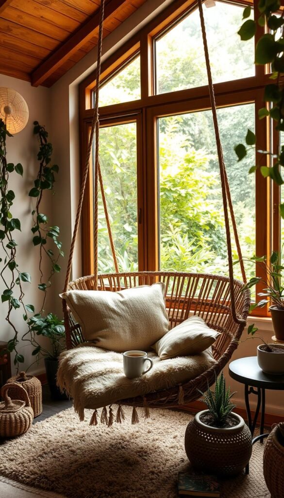 A cozy reading nook with a hanging chair, bathed in warm, diffused lighting from a large window overlooking a lush, verdant garden. The chair is a woven rattan masterpiece, suspended from sturdy wooden beams, swaying gently. Plush, earthy-toned cushions invite you to sink in and lose yourself in a captivating book. The space is adorned with textured throw pillows, a fluffy shag rug, and a small side table holding a steaming mug of tea. Trailing vines and potted plants lend a tranquil, bohemian ambiance, creating a serene oasis perfect for relaxation and contemplation.