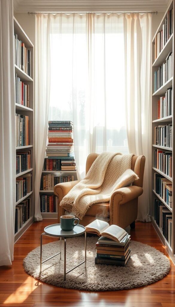 A cozy reading nook with a plush armchair and soft throw blanket nestled in a bright, airy corner. The nook is framed by tall bookshelves filled with an eclectic mix of hardcovers, their spines casting warm shadows. Diffused natural light filters through sheer curtains, creating a serene and relaxing atmosphere. The hardwood floors are covered by a plush area rug in neutral tones, tying the space together. A small side table holds a steaming mug of tea and a well-worn novel, inviting the viewer to curl up and immerse themselves in a quiet moment of reading.