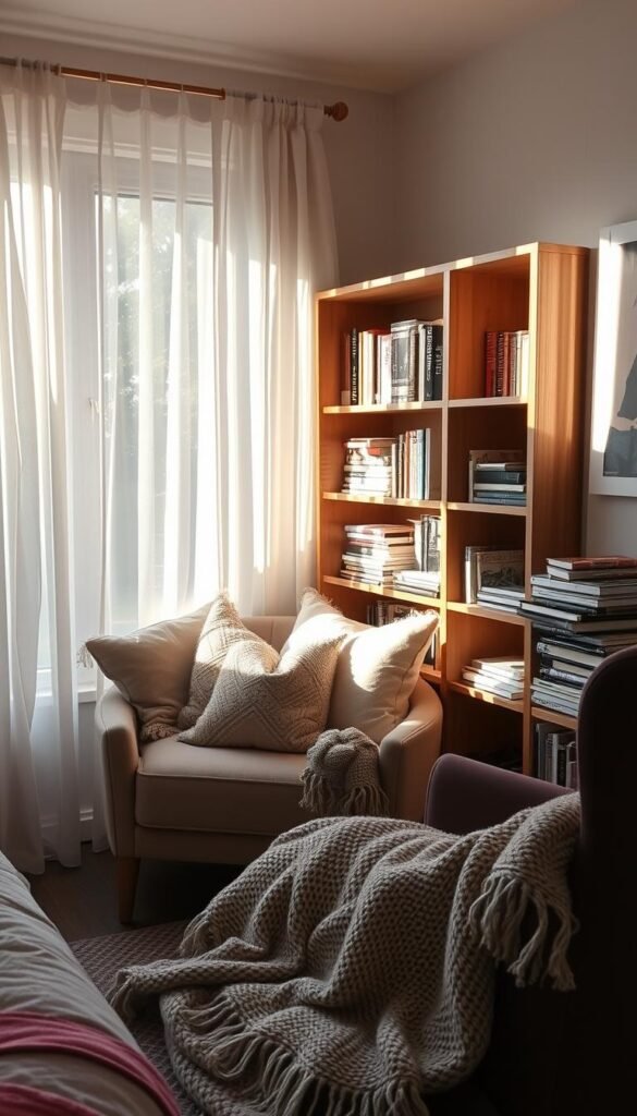 A cozy reading nook with plush pillows and a soft, woven blanket nestled in the corner of a modern girl's bedroom. Sunlight streams through sheer curtains, casting a warm glow on the space. A wooden bookshelf stands nearby, filled with a curated collection of novels and magazines. A comfortable armchair invites the reader to sink in and get lost in a captivating story. The atmosphere is serene and inviting, encouraging moments of quiet contemplation and inspiration.