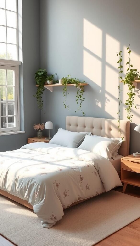 A cozy, serene bedroom with soft, muted blue walls, flooded with warm, diffused natural light from large windows. The room features a plush, king-size bed with crisp white bedding and a delicate floral duvet. Lush, trailing plants cascade from wall shelves, adding pops of verdant green. Minimalist, Scandinavian-inspired furniture like a low-profile dresser and nightstands in light wood tones complement the calming color palette. The room conveys a sense of tranquility and relaxation, perfect for a girls' bedroom retreat.