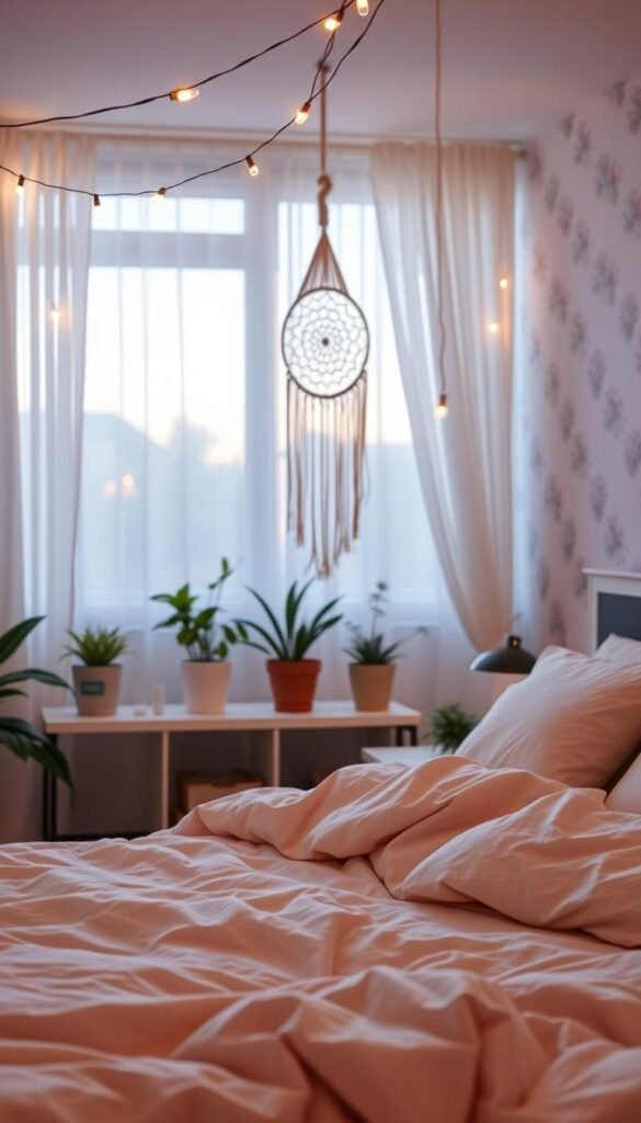 A cozy, sleep-friendly teen bedroom sanctuary, bathed in soft, warm lighting. In the foreground, a plush, oversized bedding set in pastel hues invites rest and relaxation. Muted fairy lights twinkle overhead, casting a gentle glow. In the middle ground, a hanging macrame dreamcatcher and potted plants create a serene, nature-inspired ambiance. The background features a feature wall with delicate floral wallpaper, complemented by sheer curtains that filter the evening light. An overall sense of tranquility and comfort pervades the scene, crafting the perfect sleep-friendly retreat for a teenage girl.