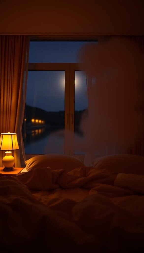 A cozy, softly lit bedroom with a tranquil, dreamlike ambiance. In the foreground, a luxurious bed with plush, billowing bedding bathed in a warm, golden glow from a pair of bedside lamps with delicate, fabric shades. The middle ground features a large window framing a serene, night-time landscape, the moonlight filtering through sheer curtains. The background is a hazy, atmospheric blur, emphasizing the sense of peaceful, intimate relaxation. The lighting is gentle, diffused, and creates a soothing, enveloping atmosphere, transforming the space into a haven of tranquility and rest.