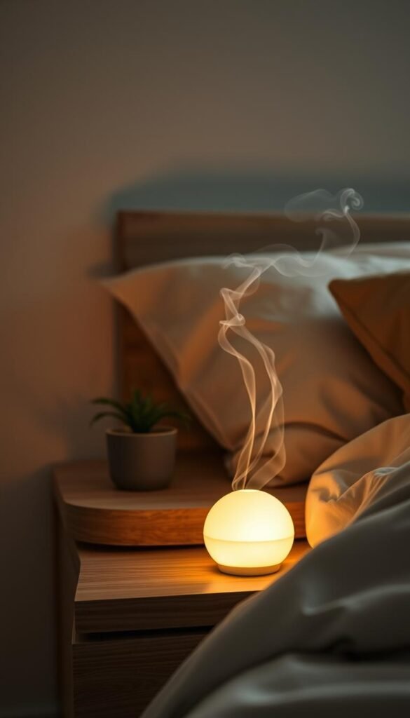 A cozy, softly lit nightlight casts a warm glow in a tranquil bedroom setting. On a nightstand, the glowing orb of the nightlight sits atop a natural wooden surface, its gentle illumination creating a serene and calming atmosphere. Wispy, ethereal wisps of mist or smoke float gently around the nightlight, adding to the soothing, dreamlike ambiance. Muted, neutral-toned bedding and textiles create a harmonious, peaceful backdrop, while subtle hints of greenery, such as a potted plant, bring a touch of nature into the space. Soft, diffused lighting from the nightlight bathes the room in a comforting, lulling glow, inviting a peaceful, restful slumber.