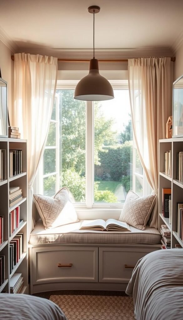 A cozy, space-saving reading nook tucked into a sun-drenched corner of a girl's bedroom. Soft, natural light filters through sheer curtains, casting a warm glow on the built-in bench lined with plush pillows. Bookshelves flank the sides, filled with a curated collection of novels and decorative accents. A mid-century modern pendant light hangs above, providing gentle illumination. The nook is framed by a large window, offering a serene garden view and a sense of tranquility. This intimate reading retreat is the perfect spot for getting lost in a good book, with just the right balance of functionality and style.