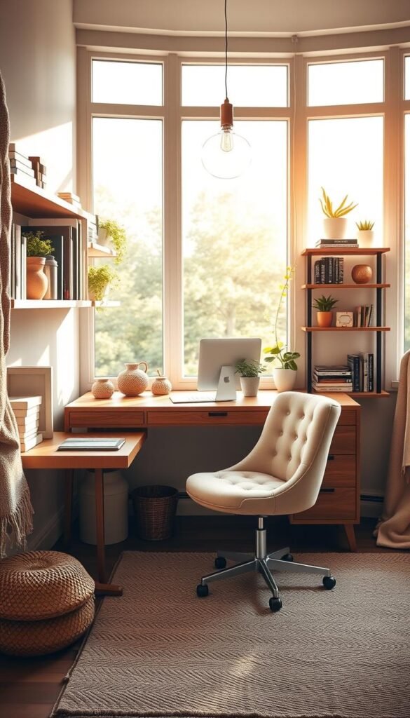 A cozy study nook bathed in warm, natural light streaming through large windows. A wooden desk with a minimalist design, complemented by a plush, tufted office chair in a soft pastel hue. Floating shelves line the walls, displaying an array of books, potted plants, and decorative trinkets. The space is adorned with soft, textured accents like a woven area rug and a cozy throw blanket, creating an inviting and inspiring atmosphere for focused work and creativity. Subtle, ambient lighting from a delicate pendant lamp adds to the serene and tranquil ambiance.