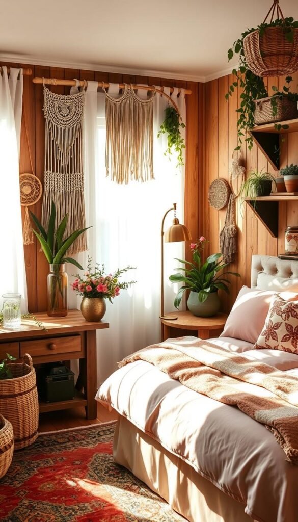 A cozy, sun-dappled bohemian chic bedroom with natural wood accents, lush greenery, and a plush pink upholstered bed. Soft, diffused lighting filters through sheer curtains, creating a warm, inviting ambiance. The room is adorned with macrame wall hangings, woven baskets, and a vintage Turkish rug in earthy tones. A rustic nightstand holds a glass of fresh flowers and a tarnished brass lamp. Potted plants and trailing vines cascade from shelves, adding pops of verdant color. The overall aesthetic is effortlessly chic, blending natural textures and muted hues for a tranquil, relaxing retreat.