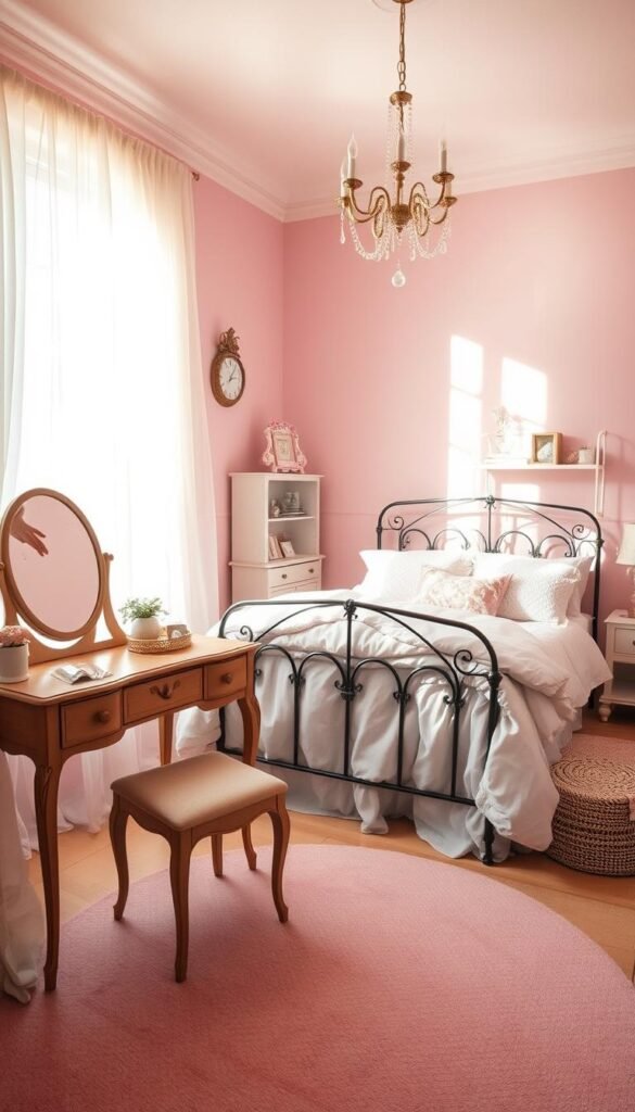 A cozy, sun-dappled girls' bedroom with a dreamy, pastel color palette. Soft pink walls, fluffy white bedding, and delicate floral accents create a whimsical, serene atmosphere. Sheer white curtains filter natural light, casting a warm glow. In the foreground, a vintage-inspired wooden vanity table with a round mirror reflects the room's tranquil hues. In the middle ground, an ornate iron bed frame supports billowing bedding in muted shades of lavender and mint. In the background, a floor-to-ceiling bookshelf displays curated knickknacks and trinkets, adding depth and texture. Subtle lighting from a hanging chandelier casts a magical, ethereal ambiance throughout the space.