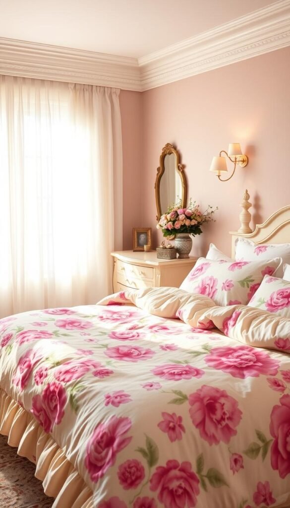 A cozy, sun-drenched bedroom with a plush, floral-patterned bedding set. The foreground features a king-size bed adorned with vibrant blooms in hues of pink, lavender, and soft green. Delicate ruffles and silky textures create a feminine, romantic atmosphere. In the middle ground, complementary decor elements include a vintage-inspired nightstand with a decorative vase of fresh flowers, and a fluffy area rug in a coordinating color palette. The background showcases airy, white curtains framing a large window, allowing natural light to pour in and illuminate the serene scene. Soft, warm lighting casts a gentle glow over the tranquil, inviting space. A cozy, sun-drenched bedroom with a plush, floral-patterned bedding set. The foreground features a king-size bed adorned with vibrant blooms in hues of pink, lavender, and soft green. Delicate ruffles and silky textures create a feminine, romantic atmosphere. In the middle ground, complementary decor elements include a vintage-inspired nightstand with a decorative vase of fresh flowers, and a fluffy area rug in a coordinating color palette. The background showcases airy, white curtains framing a large window, allowing natural light to pour in and illuminate the serene scene. Soft, warm lighting casts a gentle glow over the tranquil, inviting space.