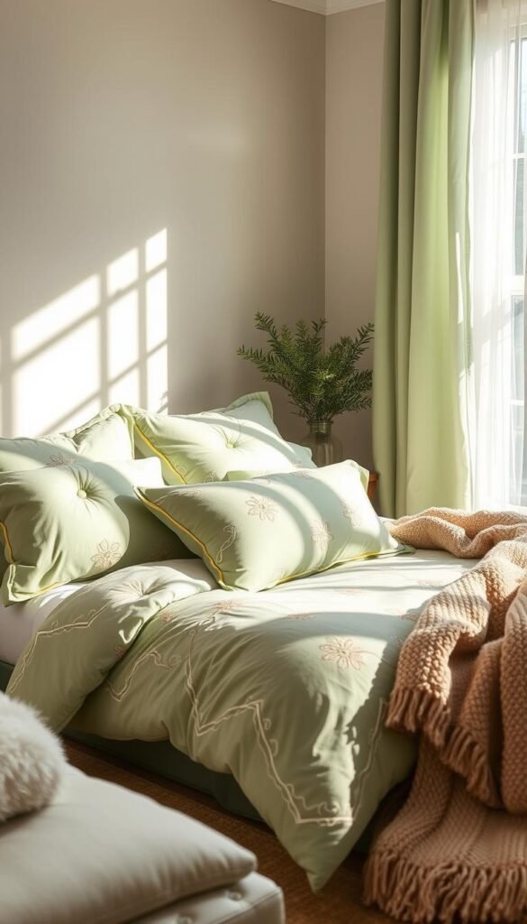 A cozy, sun-drenched bedroom with lush, sage green bedding textiles. Soft, luxurious duvet cover adorned with delicate floral patterns, complemented by plush, tufted pillows and a fluffy throw blanket. The bedding is artfully arranged, creating a serene and inviting atmosphere. Warm, natural lighting filters in through sheer curtains, casting a gentle glow over the scene. The overall mood is calming and tranquil, perfectly suited for a relaxing retreat.