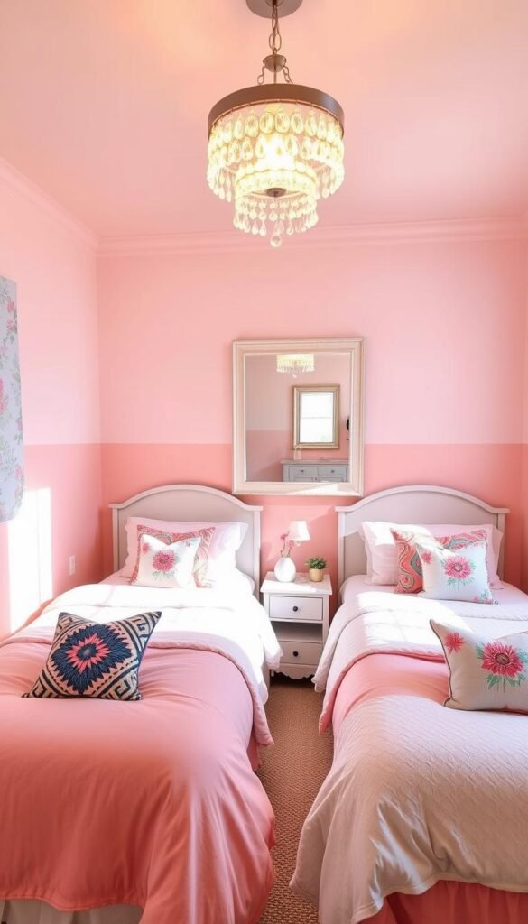 A cozy, sun-drenched girls' bedroom with complementary color schemes that inspire playfulness and creativity. The walls feature a delicate pastel gradient, transitioning from soft peach to gentle lilac, creating a serene and airy atmosphere. In the foreground, two matching twin beds are adorned with plush comforters in shades of dusty rose and pale blue, accented by an array of vibrant throw pillows in geometric patterns and floral designs. Hanging from the ceiling, a sparkling crystal chandelier casts a warm, diffused glow throughout the space. On the far wall, a large, framed mirror reflects the natural light, enhancing the sense of openness and depth. The overall design evokes a sense of harmony, comfort, and personal expression.