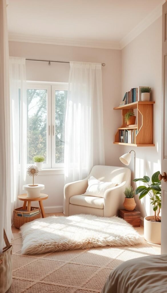 A cozy, sun-drenched reading nook nestled in a bright, airy girls' bedroom. A plush armchair in a soft pastel hue sits atop a fluffy rug, inviting curled-up afternoons with a good book. Bespoke wooden shelves line the wall, displaying a curated collection of beloved titles. Sheer curtains frame the window, diffusing warm natural light and creating a serene, tranquil atmosphere. Potted plants and a decorative lamp add touches of greenery and gentle illumination, fostering an inspiring, creativity-enhancing space. Soft textures, muted colors, and clean, minimal design elements harmonize to craft the perfect haven for cultivating a love of reading.