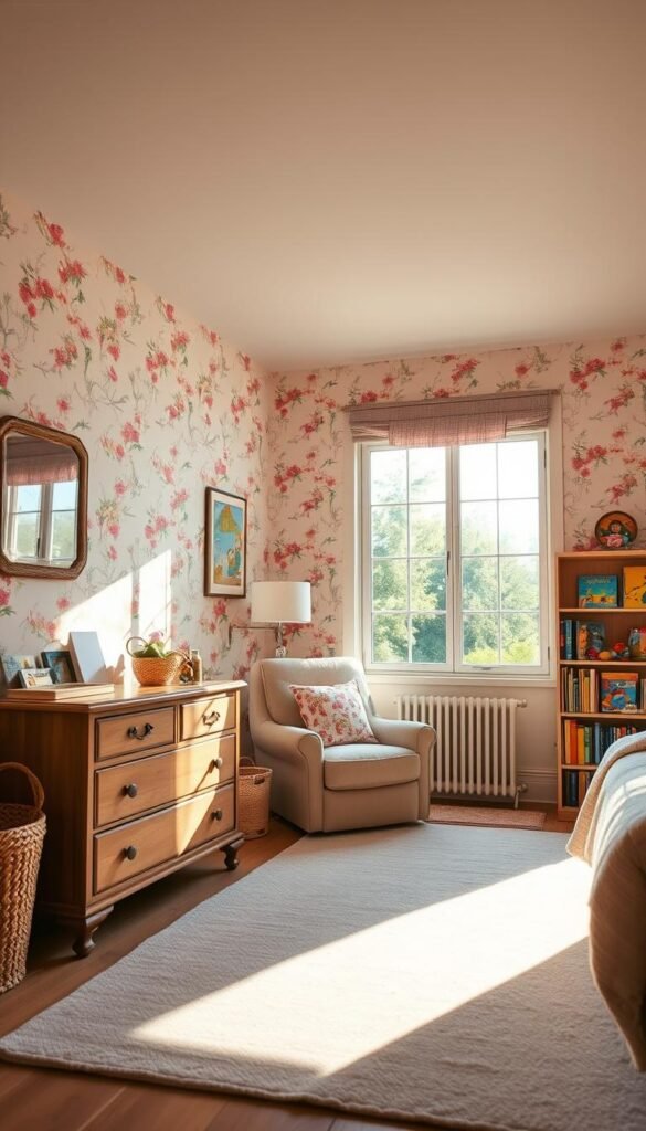 A cozy, sunlit bedroom with a growing room foundation, featuring a sturdy wooden dresser, a plush armchair, and a bookshelf filled with vibrant storybooks. The walls are adorned with whimsical floral wallpaper, casting a warm, inviting glow throughout the space. A large, floor-to-ceiling window allows natural light to stream in, illuminating the room and creating a sense of openness and tranquility. The furniture is arranged in a harmonious layout, allowing for easy movement and play, while also providing a nurturing environment for a child's development. The overall atmosphere is one of comfort, growth, and imagination, perfectly capturing the essence of a "Girls Bedroom Wall Decor Inspiration" article.