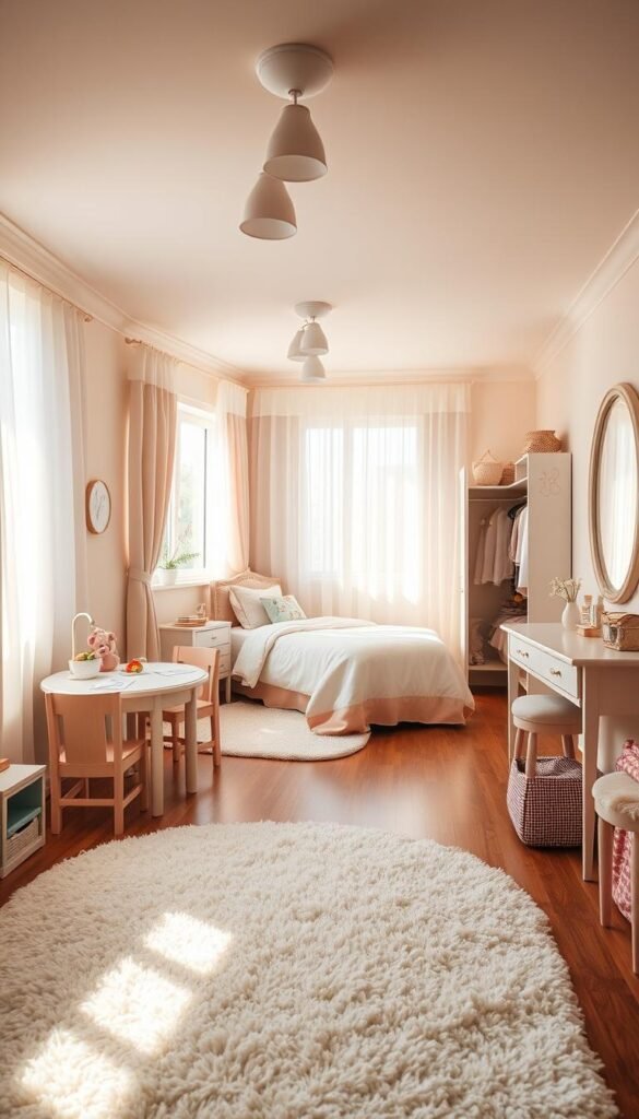 A cozy, sunlit girls' bedroom with distinct zones for different activities. In the foreground, a plush rug delineates the play area, with a small table, chairs, and toy storage. The middle ground features a charming twin bed with soft bedding and a reading nook by the window. Opposite, a well-organized dressing area with a vanity, closet, and full-length mirror. Warm, diffused lighting from overhead fixtures and natural sunlight through sheer curtains create a welcoming, feminine atmosphere. Subtle pastel hues and delicate floral accents complement the serene, inviting space.