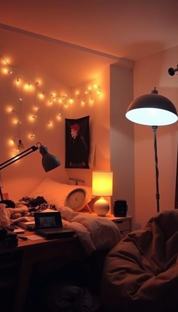 A cozy teen bedroom bathed in soft, warm lighting. A modern desk lamp with an adjustable arm casts a gentle glow, illuminating a cluttered but creative workspace. Delicate string lights drape across the headboard, casting a myriad of sparkling reflections. In the corner, a floor lamp with a large, domed shade emanates a diffused, ambient light. Beneath it, a plush beanbag chair invites relaxation. The overall mood is one of comfort, productivity, and creative inspiration.