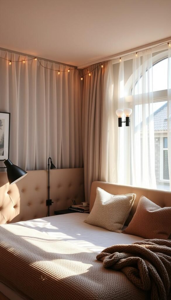 A cozy teen bedroom with a warm, inviting atmosphere. The focal point is a large window, allowing natural light to flood the space. Soft, diffused lighting from a floor lamp and string lights creates a soothing ambiance. Delicate sheer curtains filter the light, casting gentle shadows. A plush, tufted headboard anchors the bed, while a mix of textured throw pillows and a cozy knit blanket add depth and coziness. Strategically placed wall sconces provide subtle task lighting, highlighting artwork and personal touches. The overall mood is one of relaxation and self-expression, perfect for a teen's haven.