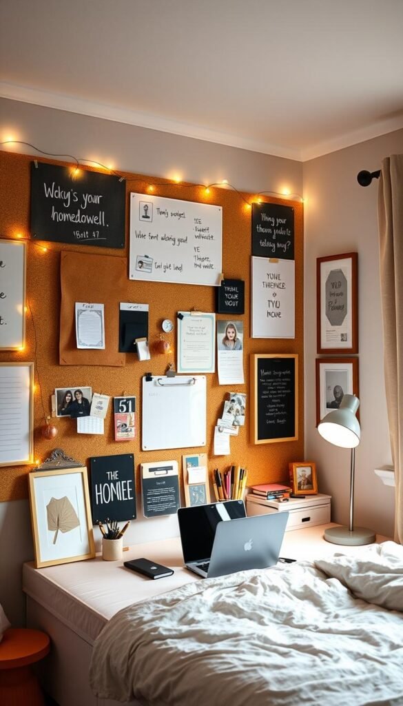 A cozy teen girl's bedroom with a dedicated homework wall design. The wall features a mix of cork boards, chalkboards, and whiteboard panels, allowing for easy organization and display of notes, reminders, and inspirational quotes. Fairy lights and string lights create a warm, inviting atmosphere, while framed artwork and photographs add personal touches. A comfortable desk setup with a laptop, desk lamp, and stationery supplies completes the functional yet visually appealing scene. Soft, diffused lighting from a nearby window casts a gentle glow, setting the mood for focused study and creativity. The overall design strikes a balance between functionality and youthful style, reflecting the aspirations and individuality of the occupant.