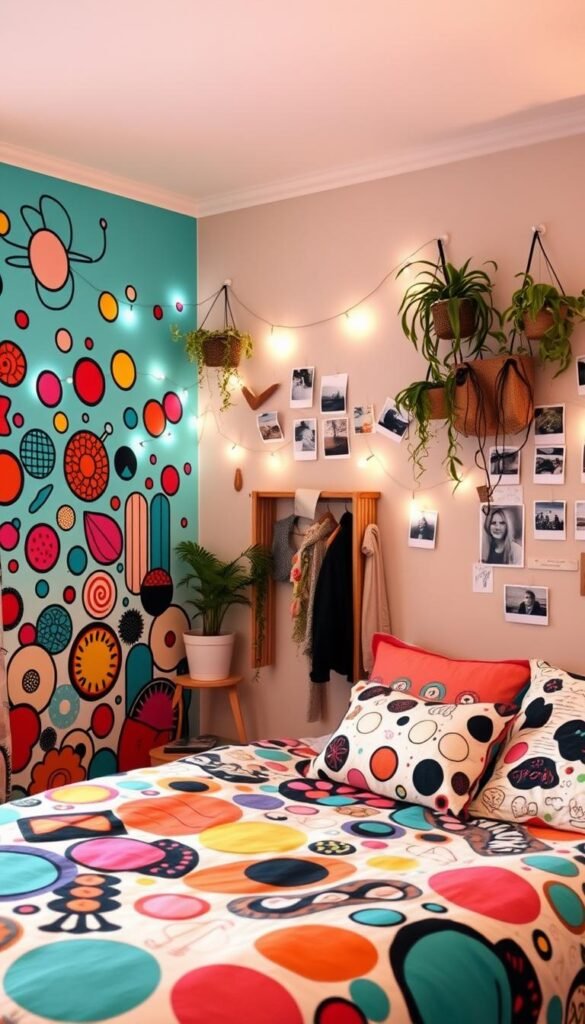 A cozy teen girl's bedroom with a vibrant, creatively transformed wall. In the foreground, a mesmerizing mural of whimsical shapes and patterns, perhaps painted by the girl herself, adds a bold, personalized touch. The middle ground features a mix of eclectic wall decor, such as string lights, hanging plants, and a collage of polaroid photos, creating a warm, inviting atmosphere. The background showcases a serene, neutral-toned wall, providing a harmonious contrast to the focal point of the transformed wall. The lighting is soft and diffused, casting a gentle glow throughout the space. The overall scene conveys a sense of youthful expression, creativity, and a welcoming, inspirational ambiance.