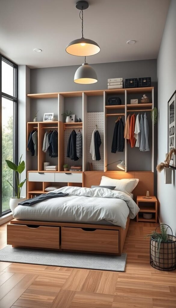 A cozy teen's bedroom with clever storage solutions. The foreground features a platform bed with built-in drawers and shelves, maximizing floor space. The middle ground showcases a modular wall unit with cubbies, hanging rods, and pegboards for organizing clothes, accessories, and décor. Soft, indirect lighting from a minimalist pendant fixture casts a warm glow, while large windows provide natural illumination. The background depicts a tranquil scene with potted plants and personal mementos, creating a relaxing and personalized atmosphere. This image captures the essence of modern, space-saving design for a stylish and functional teen's retreat.