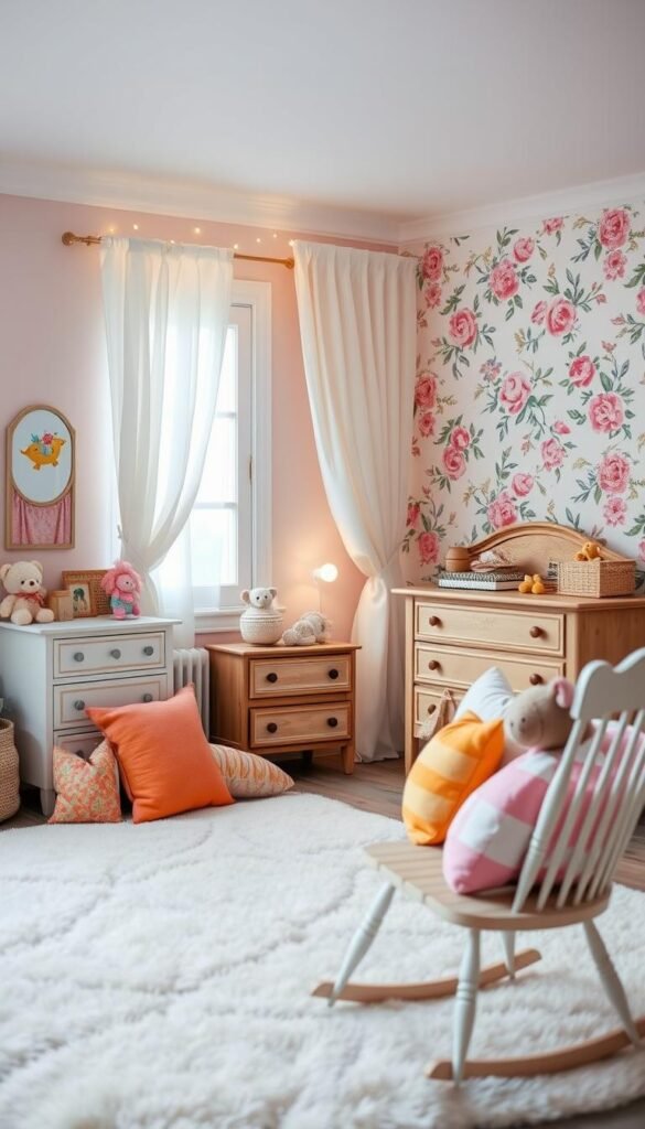 A cozy toddler bedroom with soft pastel walls, a plush white rug, and a whimsical floral wallpaper accent wall. A vintage wooden dresser and nightstand add warmth, with delicate fairy lights strung across the headboard. Fluffy white curtains frame the window, letting in natural light. In the foreground, an array of colorful throw pillows, stuffed animals, and a rocking chair invite coziness and imaginative play. A sense of tranquility and wonder pervades the scene, perfect for a little girl's dream space.