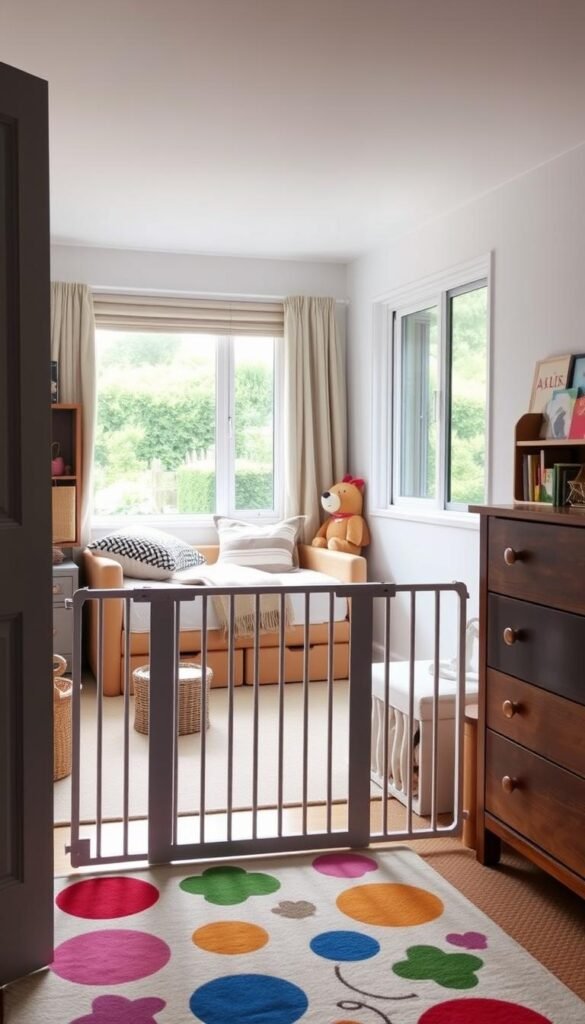 A cozy toddler room filled with essential safety gear. In the foreground, a soft play mat adorned with colorful shapes, a baby gate blocking the doorway, and a sturdy wooden dresser with safety locks on the drawers. In the middle ground, a daybed with plush pillows and a cozy blanket, along with a bookshelf stocked with age-appropriate titles. The background features a large window overlooking a lush garden, illuminating the room with warm, natural lighting. The overall atmosphere is one of comfort, security, and thoughtful consideration for a toddler's needs.