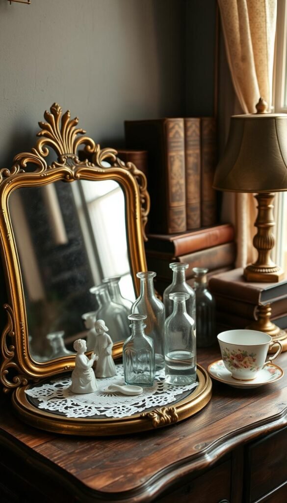A cozy vignette of vintage decor and accessories arranged on a rustic wooden table. In the foreground, an ornate, gilded-framed mirror reflects the delicate arrangement - a mix of porcelain figurines, antique glass bottles, and a lace doily. Behind, a collection of aged leather-bound books, an antique brass lamp, and a delicate china teacup create a timeless, intimate atmosphere. Warm, soft lighting from a nearby window bathes the scene in a gentle, nostalgic glow, casting subtle shadows and highlighting the patina of the vintage pieces. The overall mood is one of refined elegance and charming, feminine appeal.
