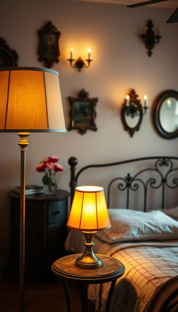 A cozy vintage bedroom bathed in soft, warm lighting. In the foreground, a timeless brass floor lamp with a linen shade casts a gentle glow. Nearby, a mid-century inspired side table with a single bulb lamp, its amber glass shade glowing. In the middle ground, a vintage iron bed frame, linens in soft floral prints. The walls are adorned with antique sconces, their flickering flames illuminating antique artwork and mirrors. The overall mood is one of nostalgic charm and relaxation, inviting the viewer to step into this serene, old-world sanctuary.