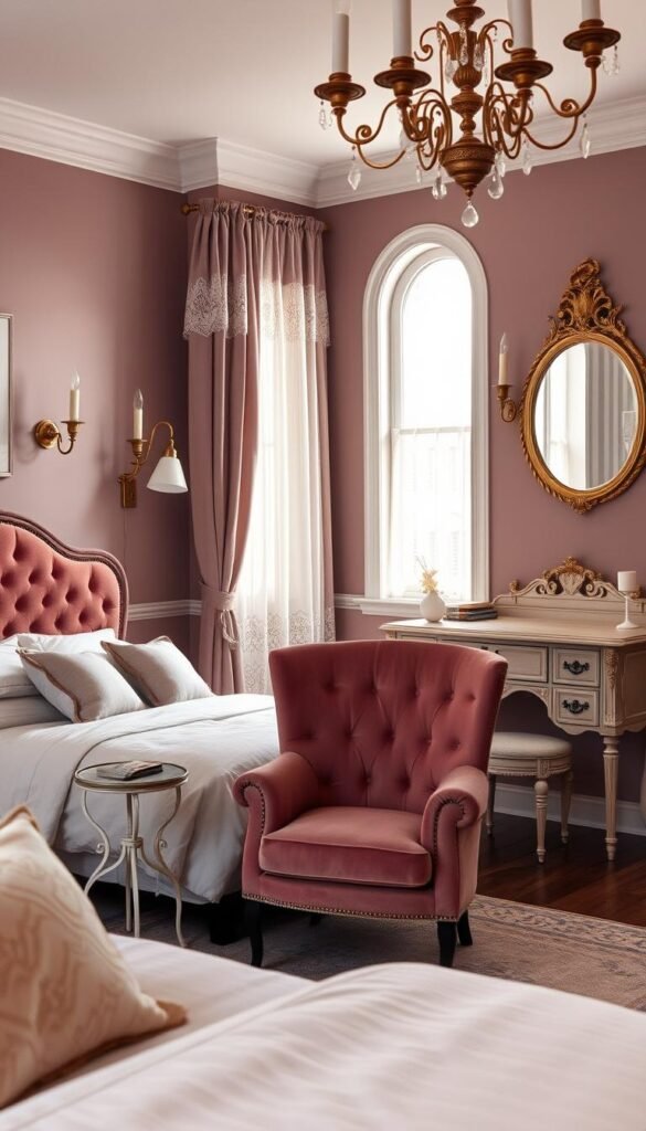 A cozy vintage-inspired bedroom bathed in soft mauve tones. In the foreground, a plush velvet armchair in a rich mauve hue sits beside a delicate Victorian-style side table. A tufted mauve headboard frames the bed, which is dressed in crisp white linens and adorned with soft mauve throw pillows. The middle ground features a tall arched window with lace curtains, allowing natural light to filter in and cast a warm glow. In the background, a vintage vanity with ornate gold detailing stands against a wall painted in a muted mauve shade, complemented by a round mirror in an antique gold frame. Elegant sconces and a vintage-style chandelier provide a soft, atmospheric lighting. The overall scene evokes a tranquil, refined aesthetic that blends vintage charm with modern mauve decor.