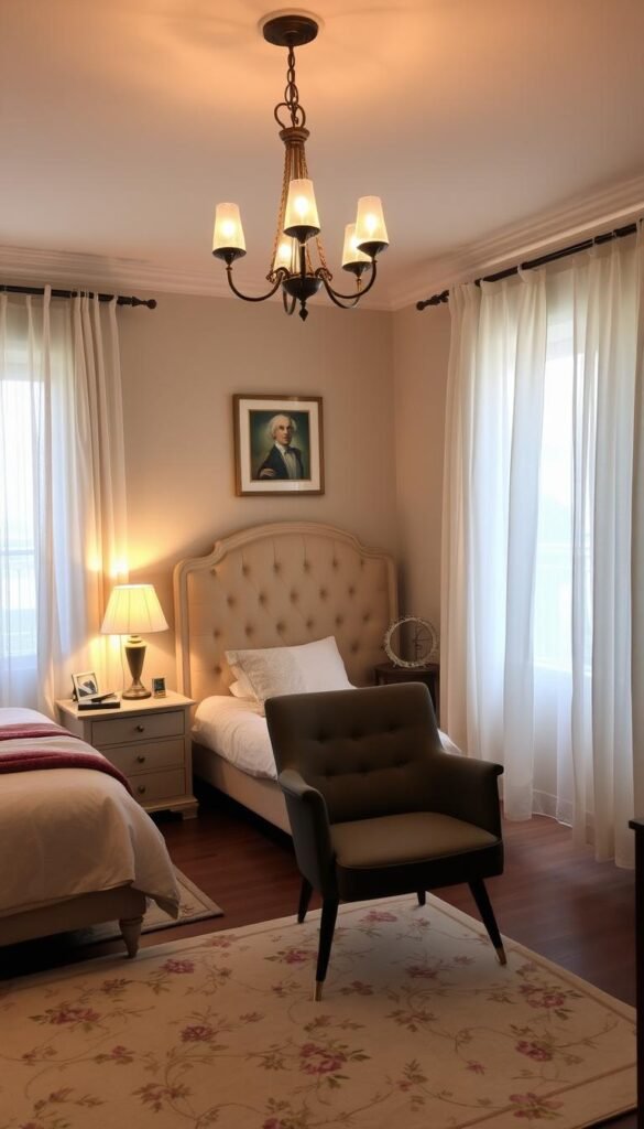 A cozy, vintage-inspired bedroom with modern furnishings and accents. Soft, warm lighting illuminates the space, casting a gentle glow over a plush, tufted headboard and a mix of antique and contemporary side tables. A vintage-inspired chandelier hangs overhead, complemented by a pair of sleek, minimalist lamps on the nightstands. In the corner, a mid-century modern armchair invites relaxation, while a delicate, floral-patterned rug grounds the space. Sheer, flowing curtains frame the windows, adding a touch of softness and elegance to the overall scene.