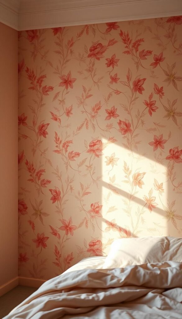 A cozy, warm-toned bedroom with an exquisite wallpaper accent wall. The wallpaper features a delicate floral pattern in shades of pink, peach, and soft green, creating a serene and feminine atmosphere. The lighting is soft and diffused, casting a gentle glow on the textured surface of the wallpaper. The wall is positioned as the focal point, drawing the eye inward and inviting the viewer to imagine themselves in this tranquil, inviting space. The angle is slightly elevated, offering a slightly elevated perspective that showcases the intricate details of the wallpaper design.